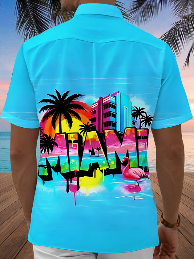 Men's Miami graffiti Hawaiian pocket short sleeve shirt back view