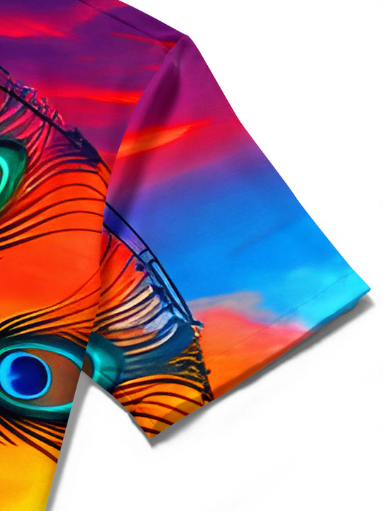 men's peacock print shirt close-up short sleeve