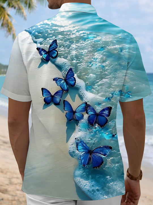 Men's beach butterfly print pocket short sleeve shirt back view