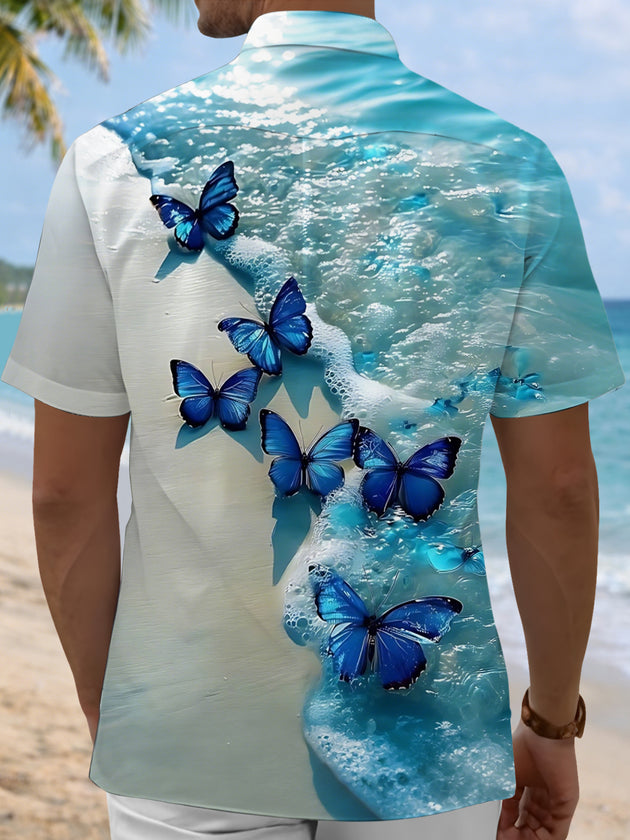 Men's beach butterfly print pocket short sleeve shirt back view