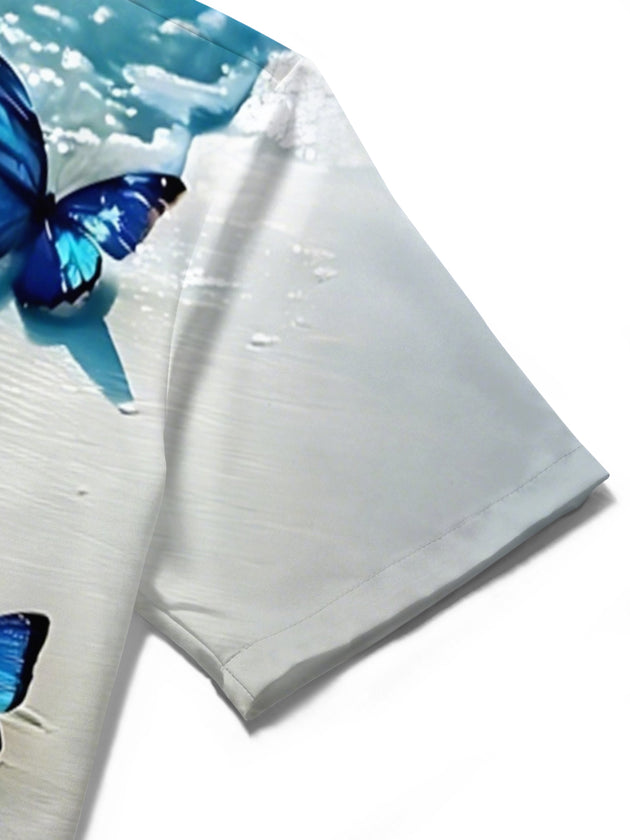 Men's butterfly print pocket short sleeve shirt close-up detail fabric texture