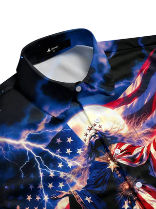 Men's side view American flag print short sleeve shirt with patriotic moon detail