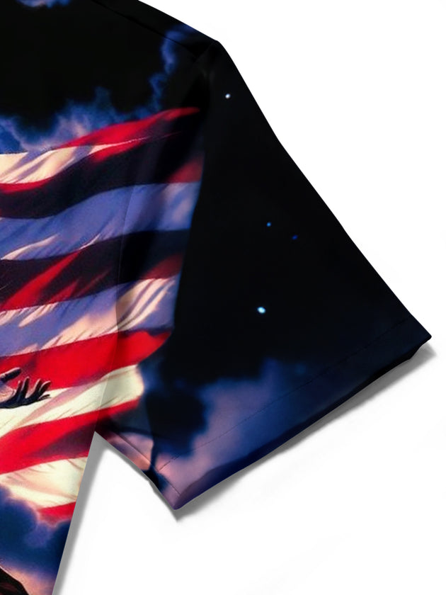 Men's close-up American flag print short sleeve shirt with Lady Liberty moon detail