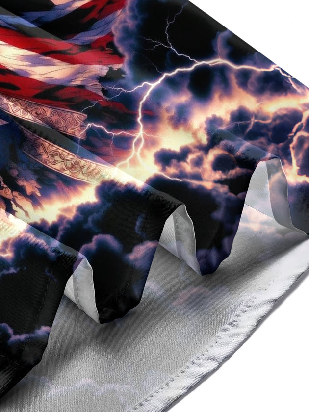 Men's lifestyle Independence Day American flag print short sleeve shirt with Lady Liberty moon