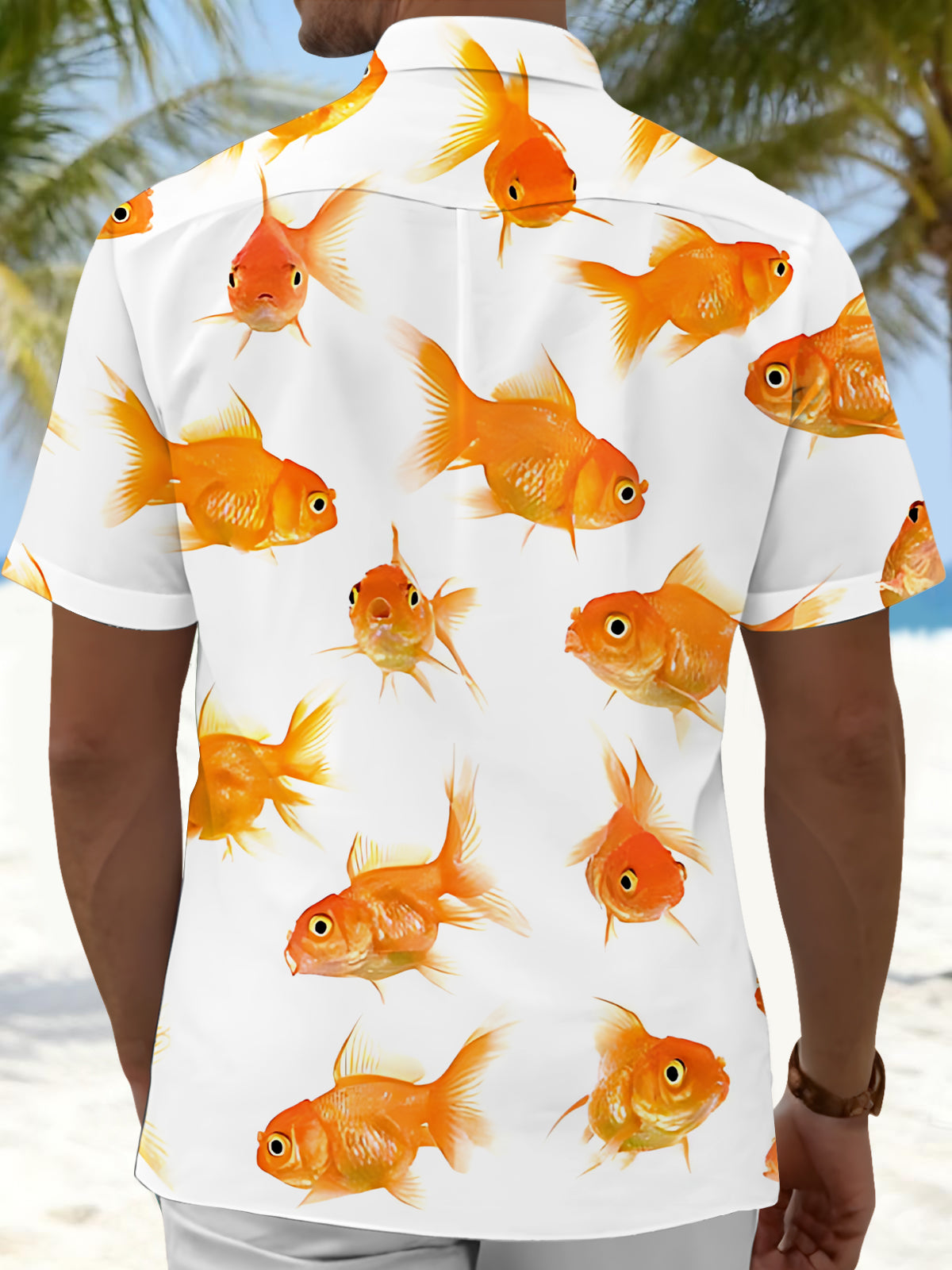 Men's goldfish print short sleeve shirt back view