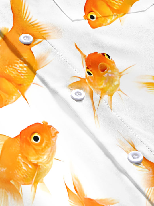 Men's goldfish print pocket short sleeve shirt flat lay pattern detail