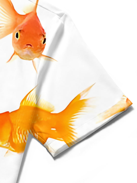 Men's goldfish print short sleeve shirt close-up fabric texture and stitching detail