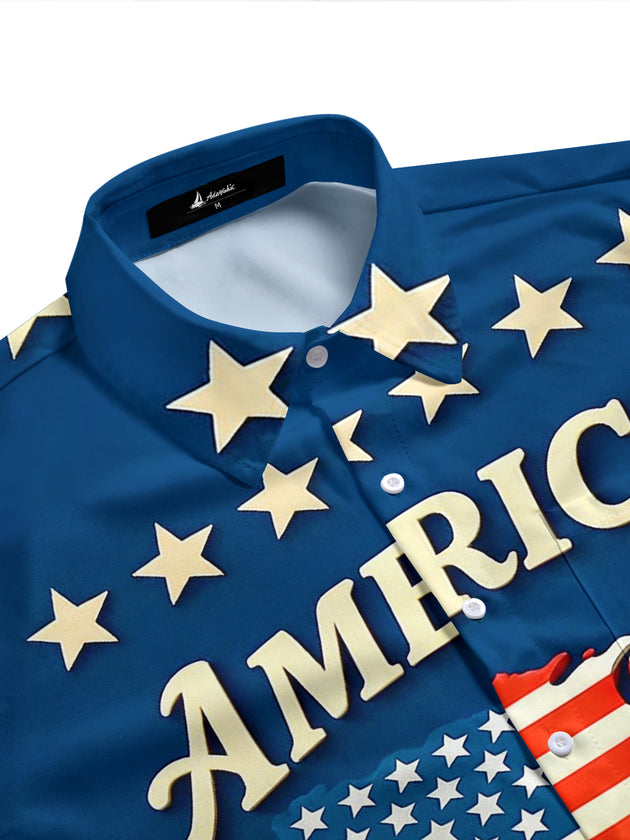 Men's patriotic print short sleeve shirt side view with American flag pocket detail