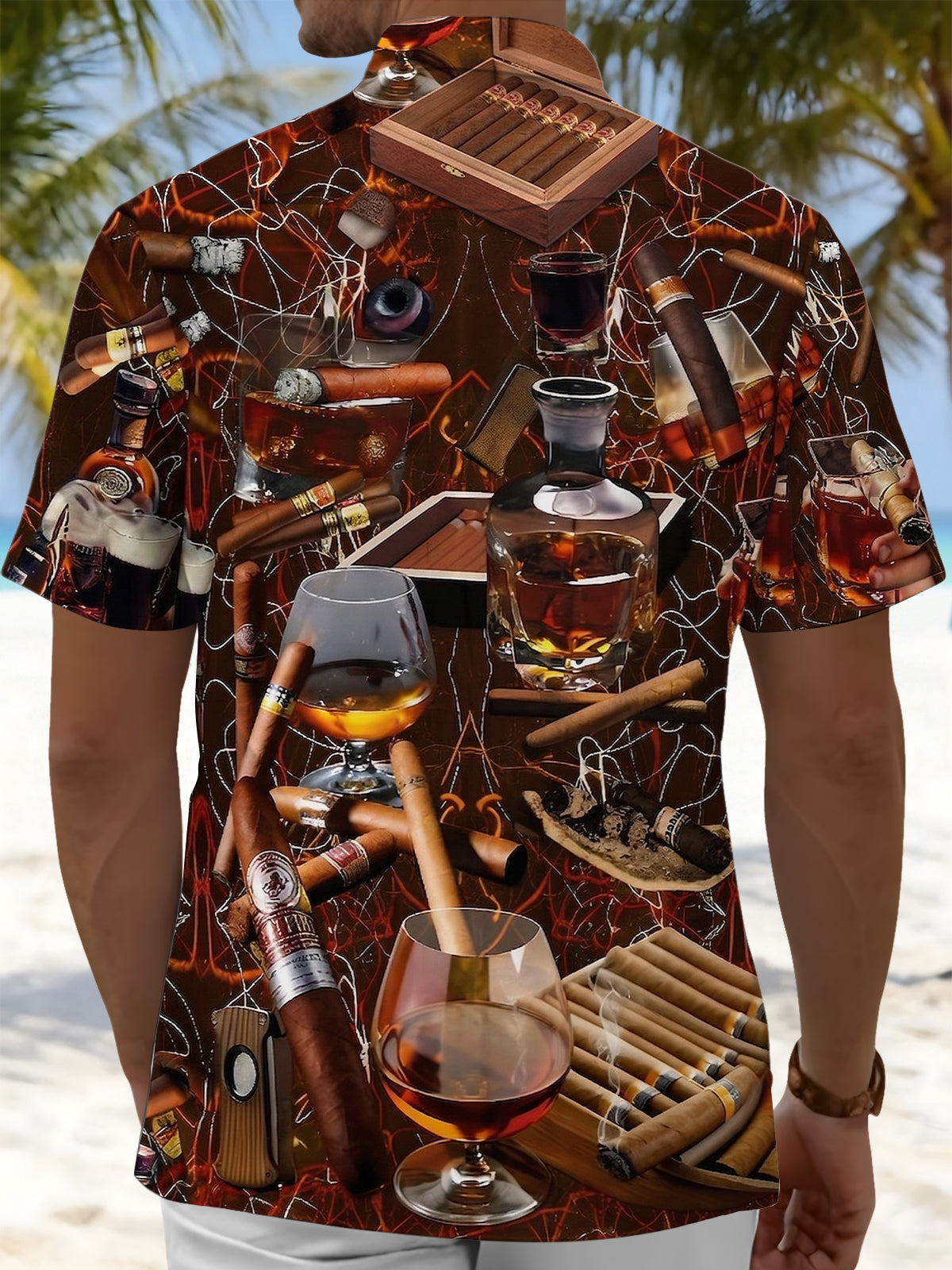 Men's Cigar Wine Print Pocket Short Sleeve Shirt Back View