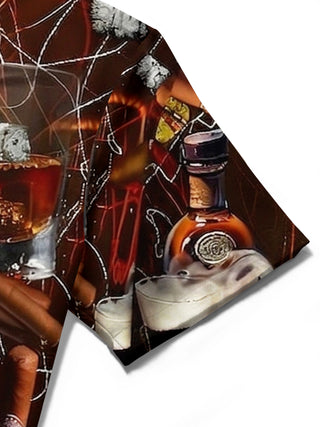 Men's Cigar Wine Print Pocket Short Sleeve Shirt Fabric Texture Close-Up