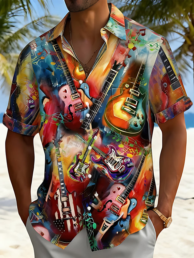 Men's Guitar Music Print Short Sleeve Shirt Front View