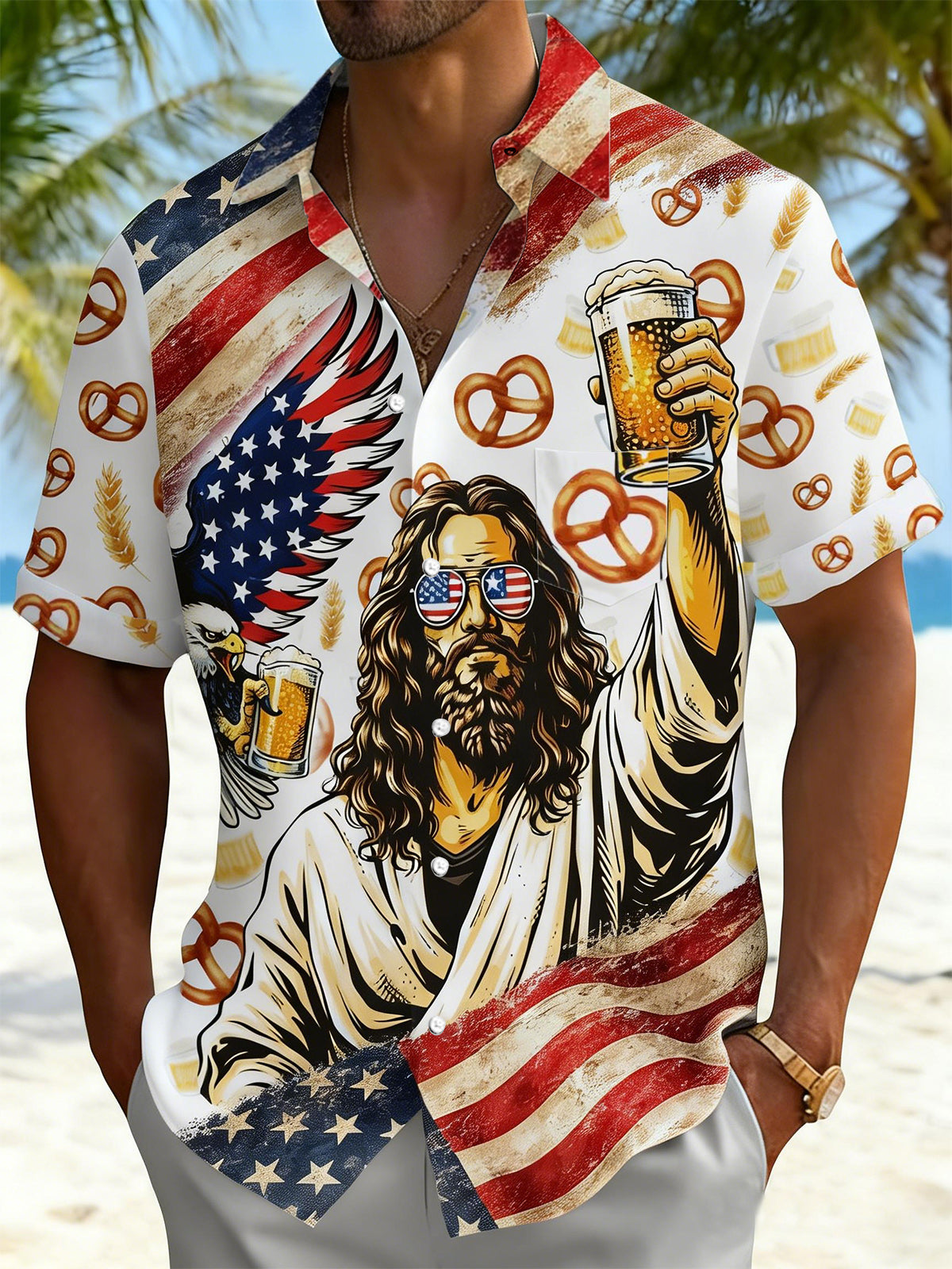 men's American flag print shirt front view Independence Day