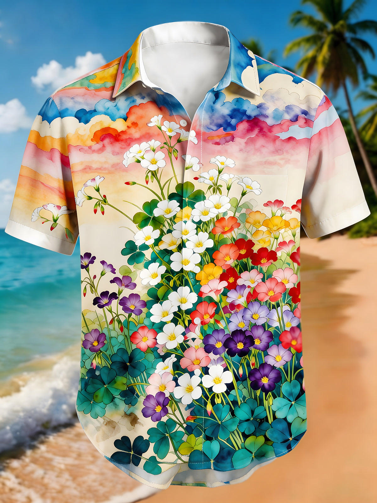 men's Hawaiian shirt front view tropical beach vacation