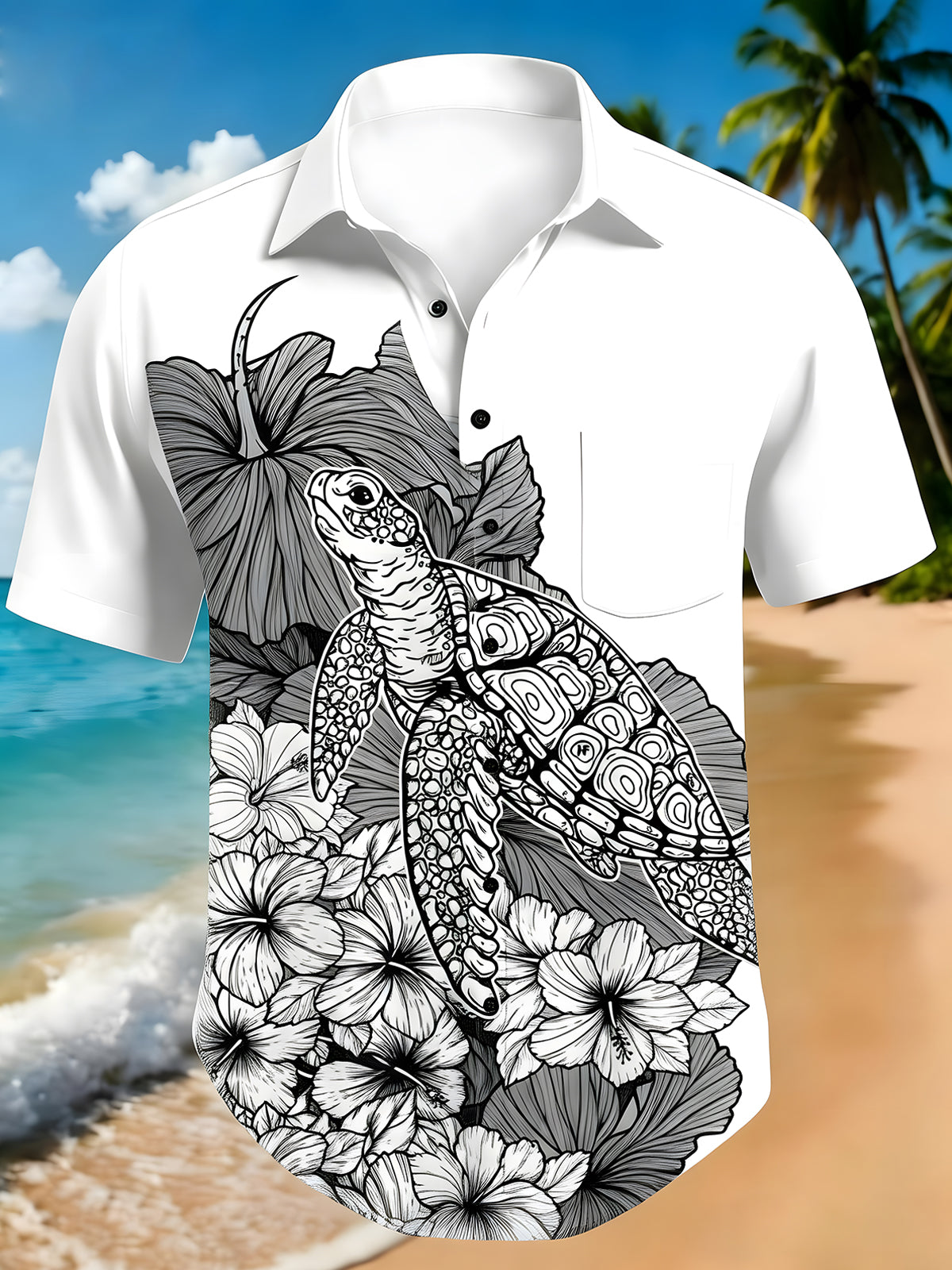 men's Hawaiian shirt front view tropical beach vacation