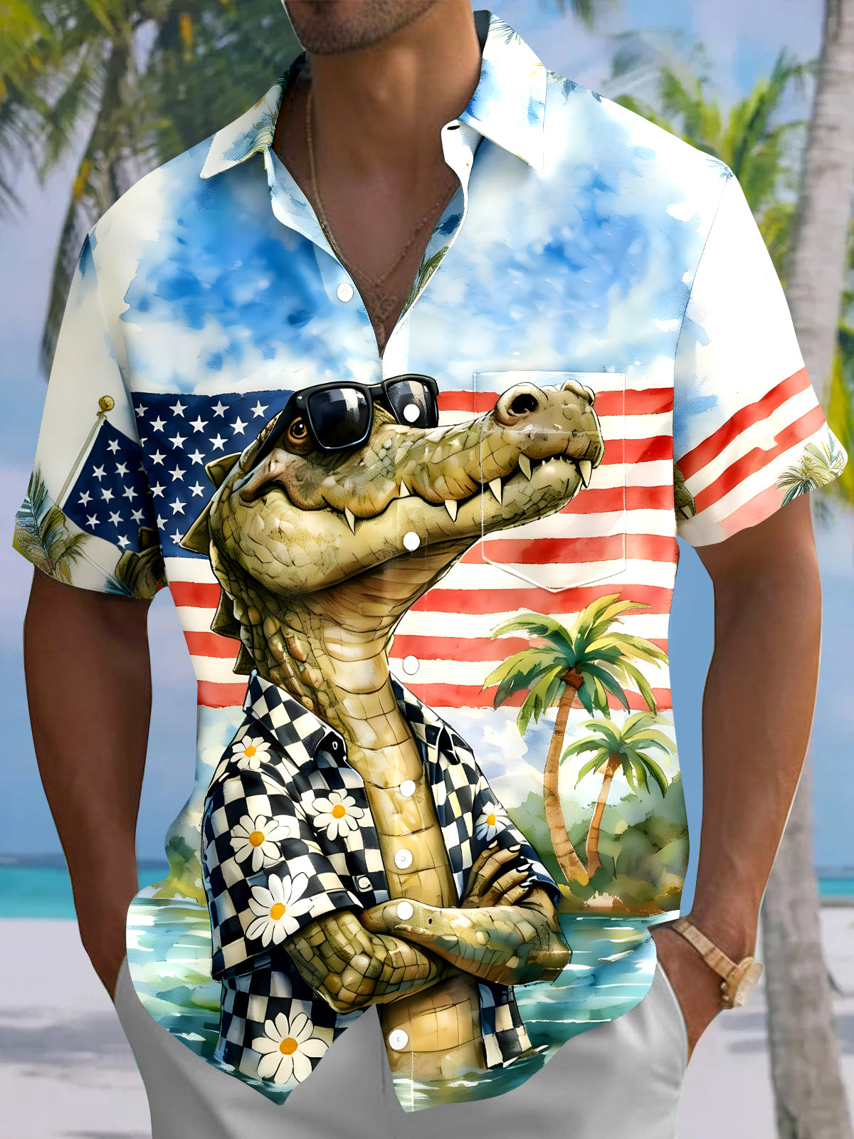 men's Hawaiian shirt front view Independence Day