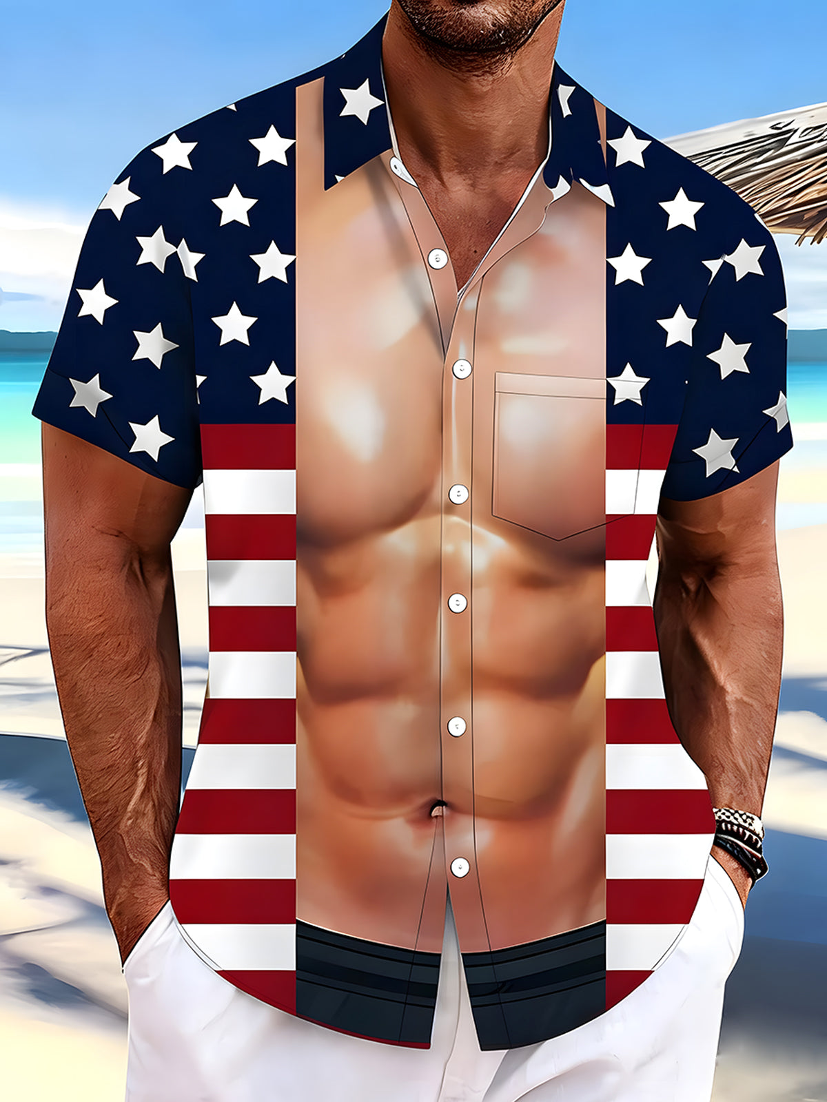 men's American flag print shirt front view Independence Day