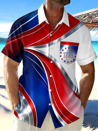 Men's American flag print short sleeve shirt front view for Independence Day