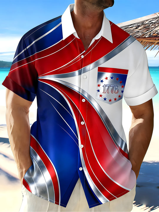 Men's American flag print short sleeve shirt front view for Independence Day
