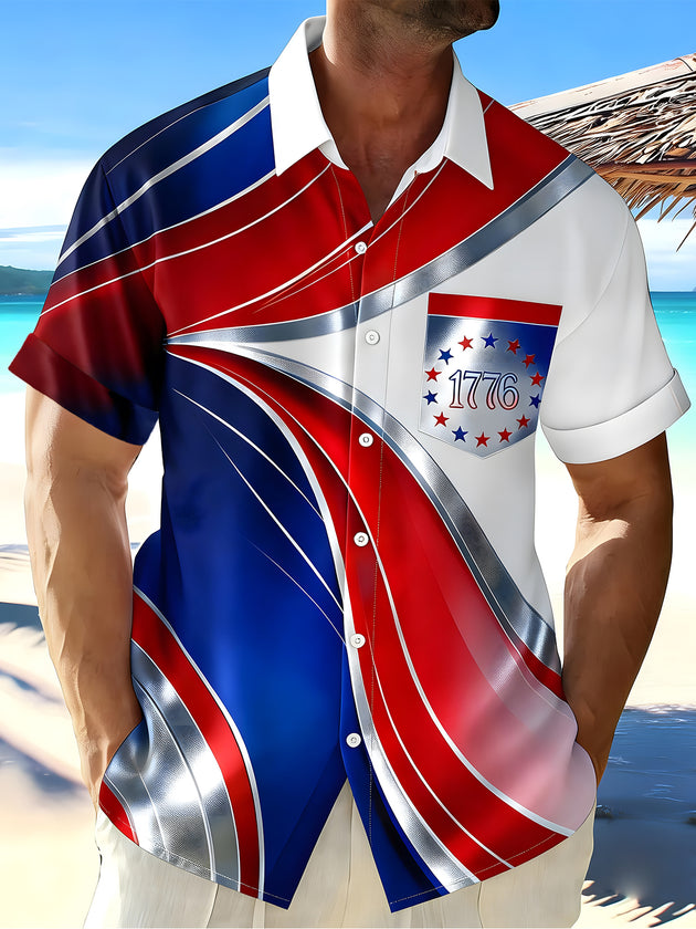 Men's American flag print short sleeve shirt front view for Independence Day