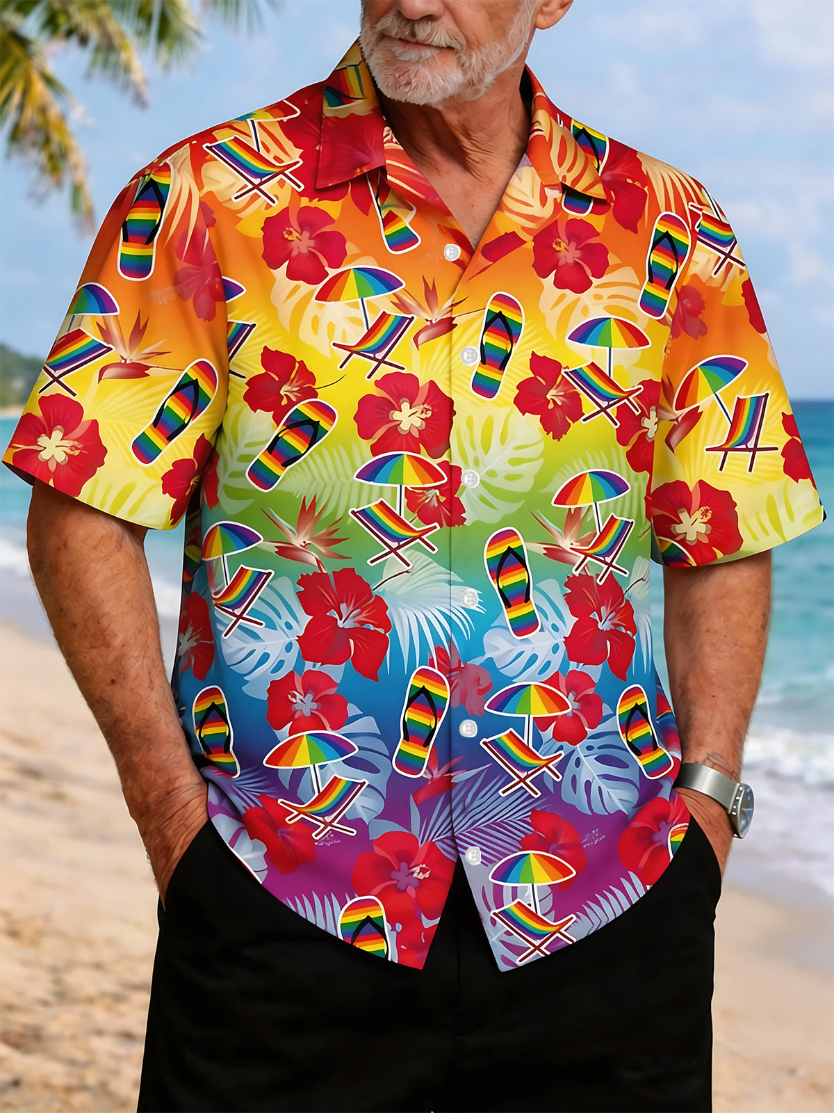 men's Hawaiian shirt front view tropical beach vacation