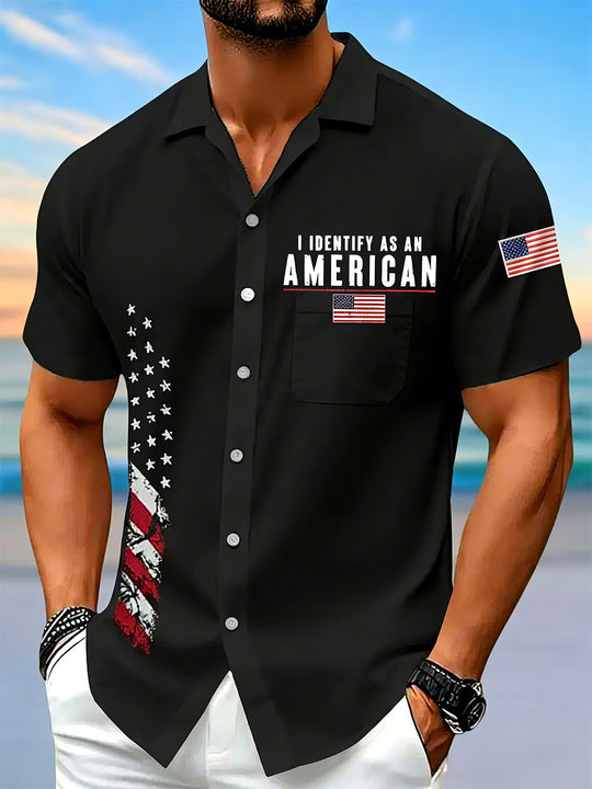 men's American flag print short sleeve shirt front view