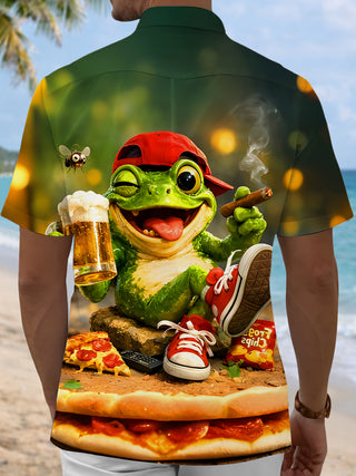 Men's fun frog beer print short sleeve shirt back view