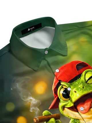 Men's festive frog beer print short sleeve shirt side view