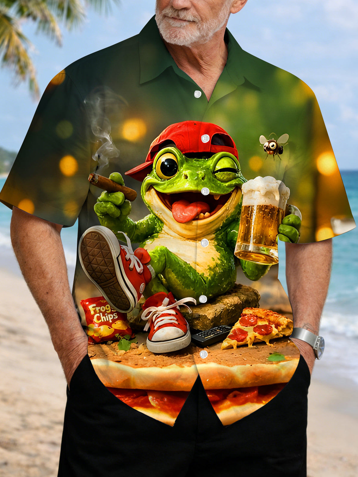 men fun frog beer print short sleeve shirt front view