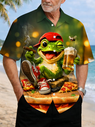 men fun frog beer print short sleeve shirt front view