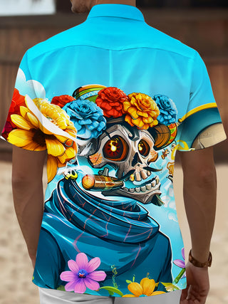 Men's colorful floral skull print short sleeve shirt back view