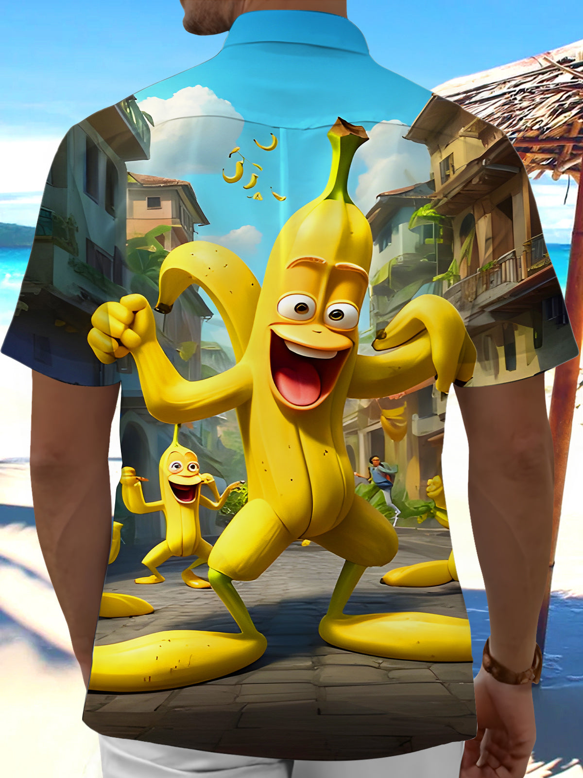 Men's banana print short sleeve shirt back view