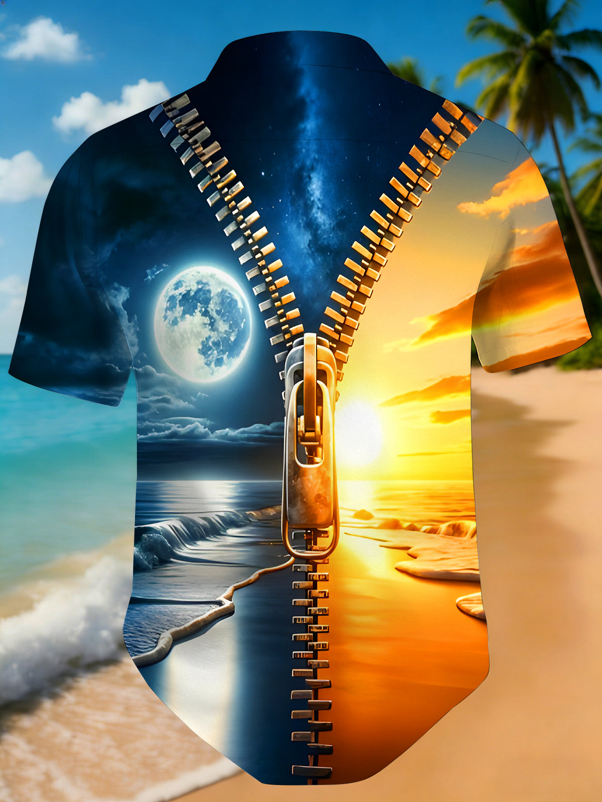 Men's day and night beach zipper pocket short sleeve shirt back view