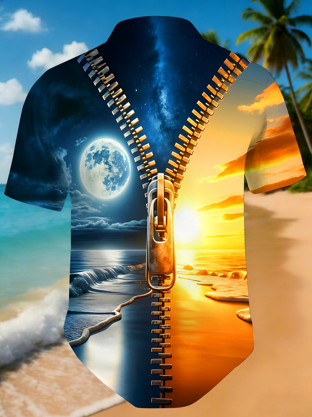Men's day and night beach zipper pocket short sleeve shirt back view