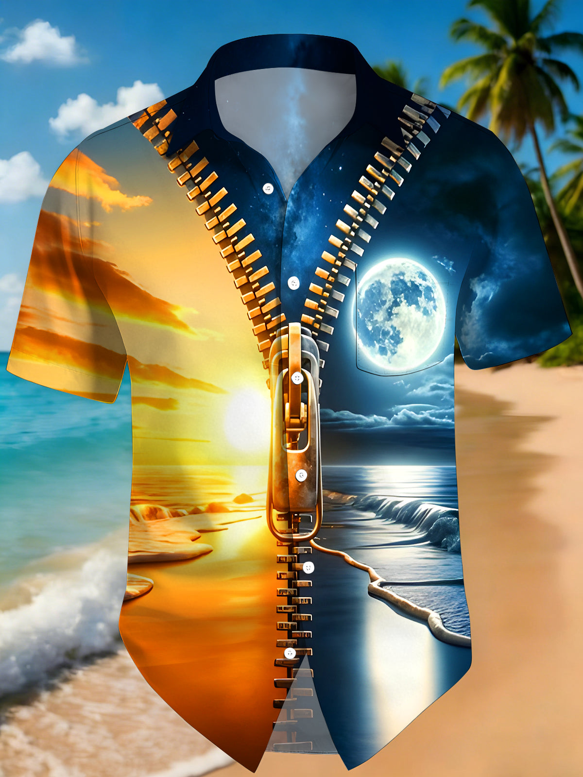 men's zipper graphic shirt front view beach vacation