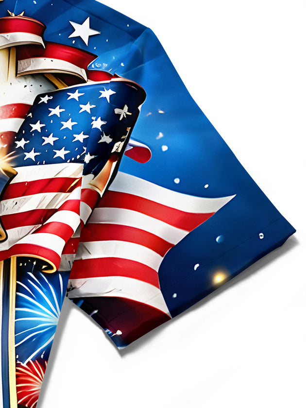 Men's American flag print short sleeve shirt pocket craftsmanship close-up