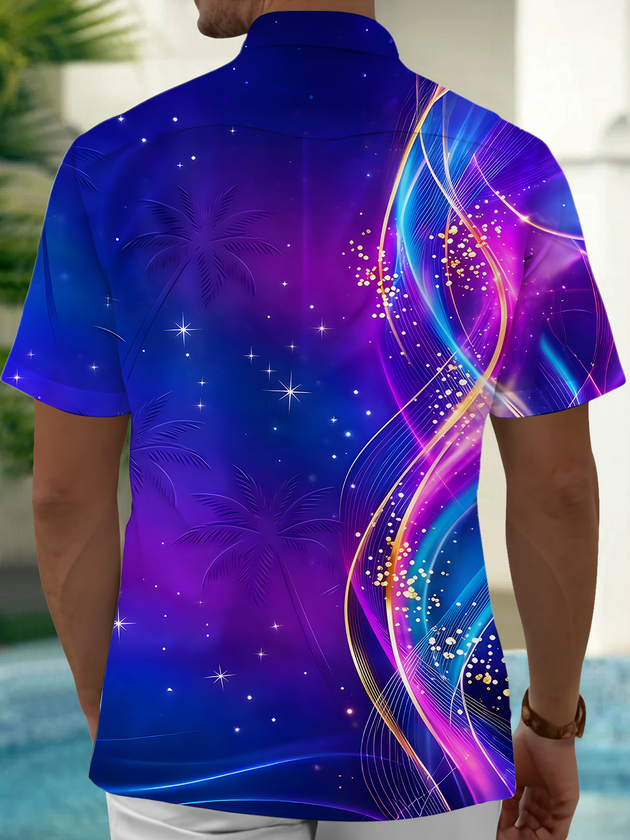 Men's abstract coconut tree Hawaiian print short sleeve shirt back view