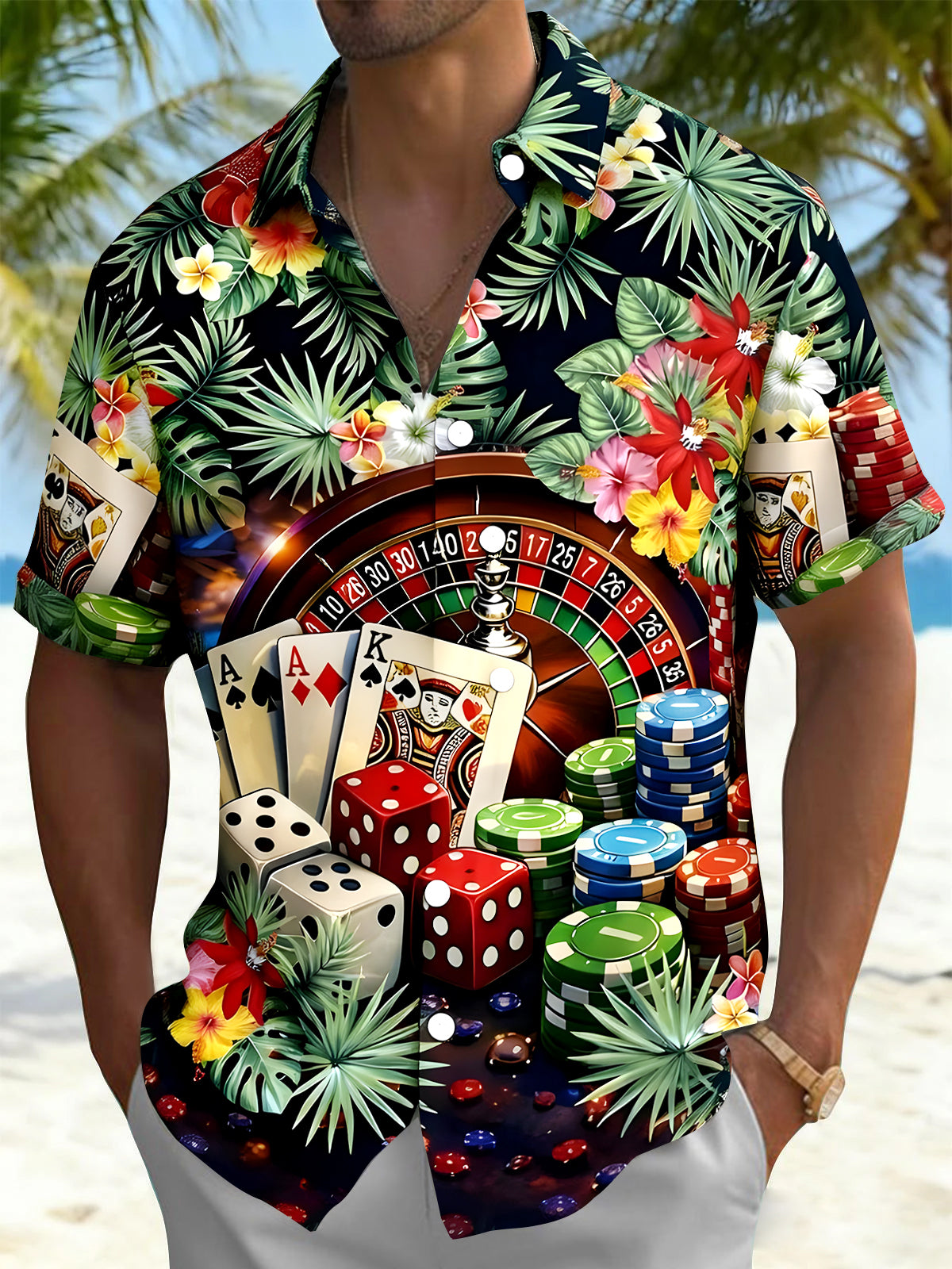 Men's Hawaiian floral short sleeve shirt front view tropical beach vacation