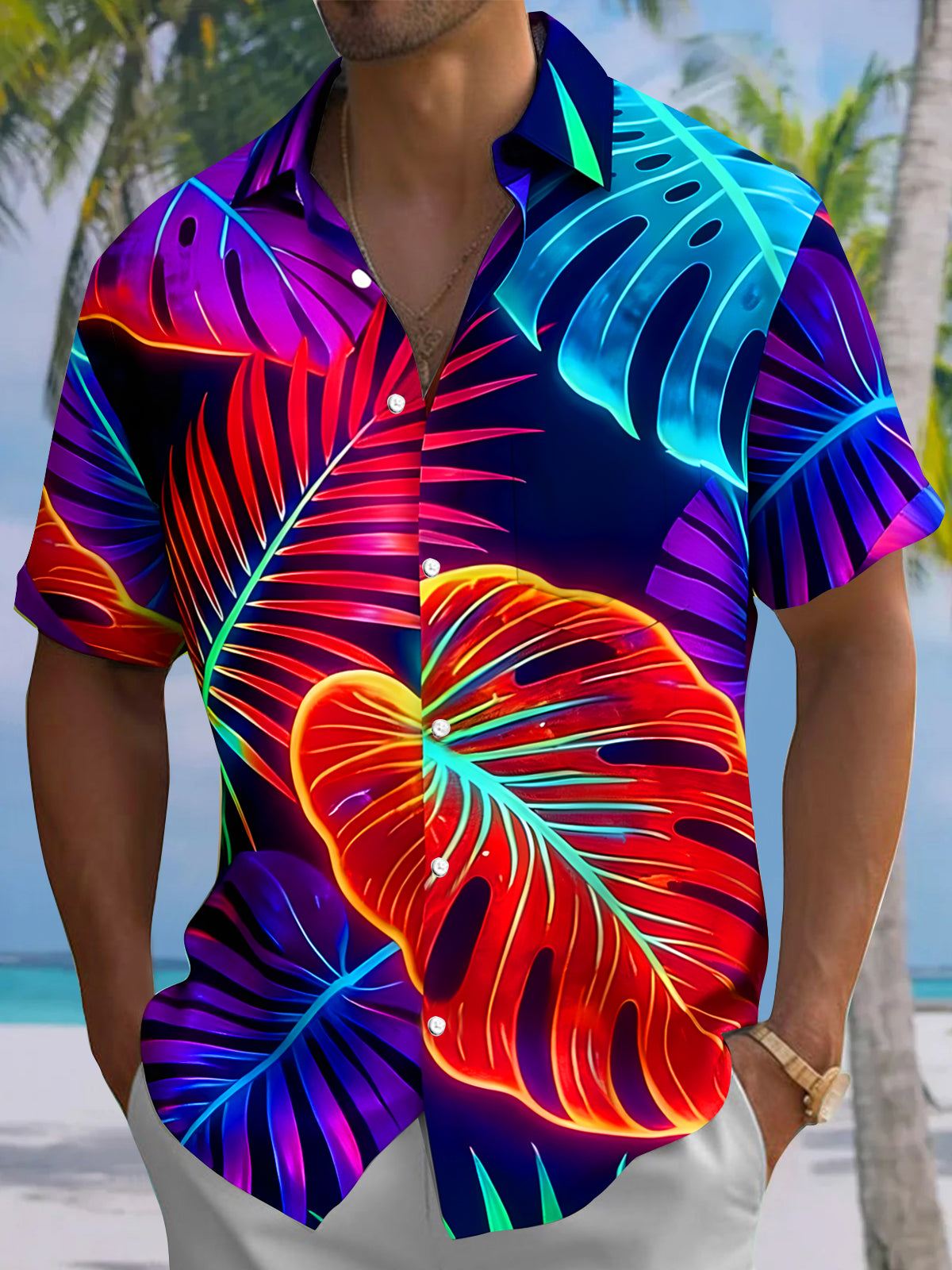 men's Hawaiian shirt front view tropical beach vacation