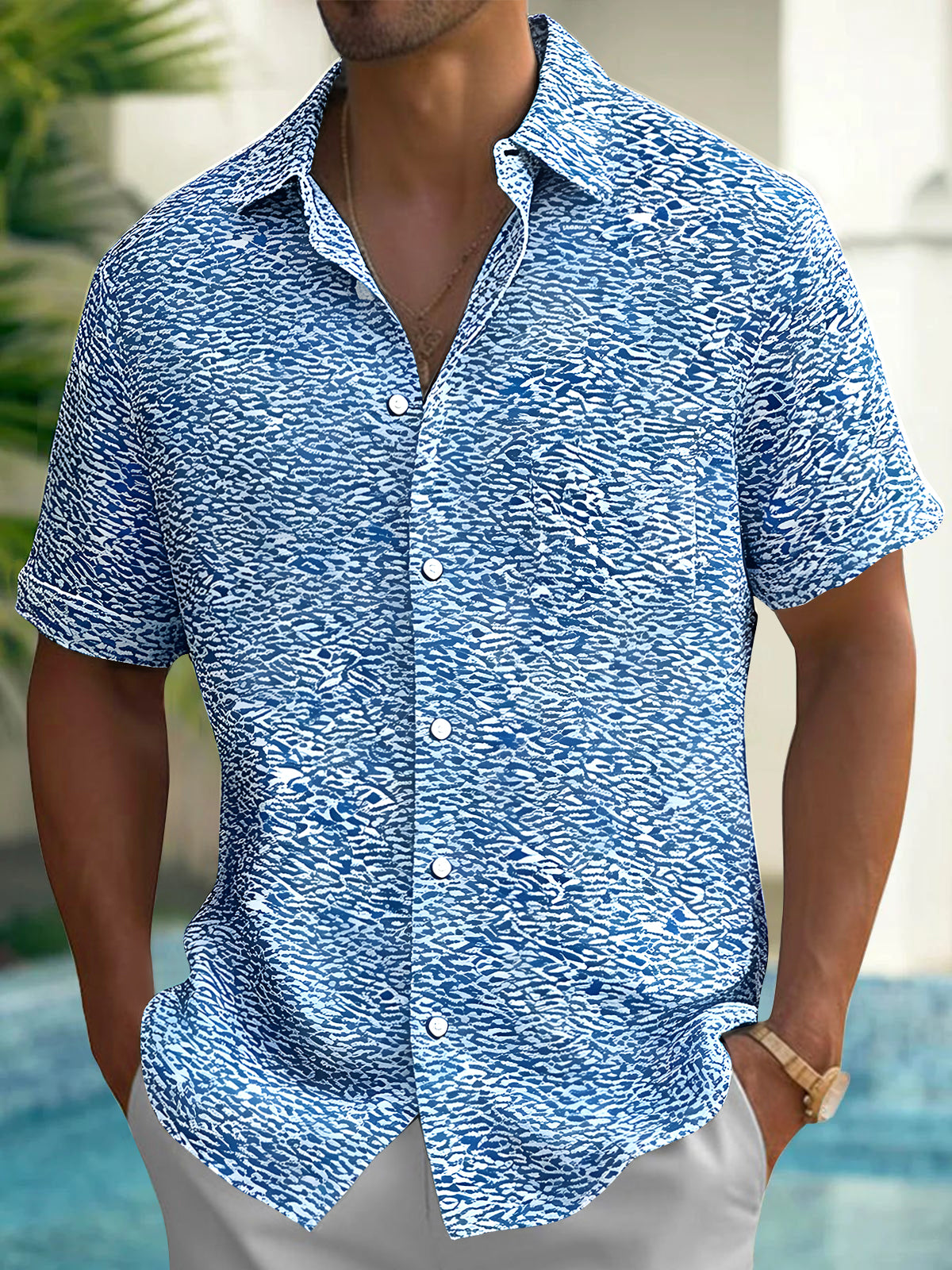 Men's Hawaiian short sleeve shirt front view for tropical beach vacation