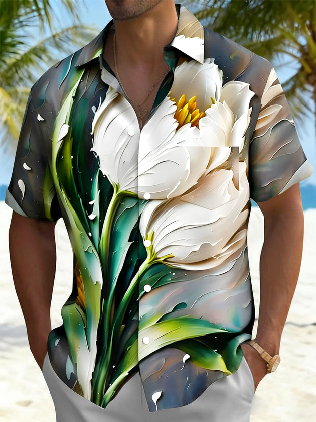 Men's floral Hawaiian short sleeve shirt front view for tropical beach vacation