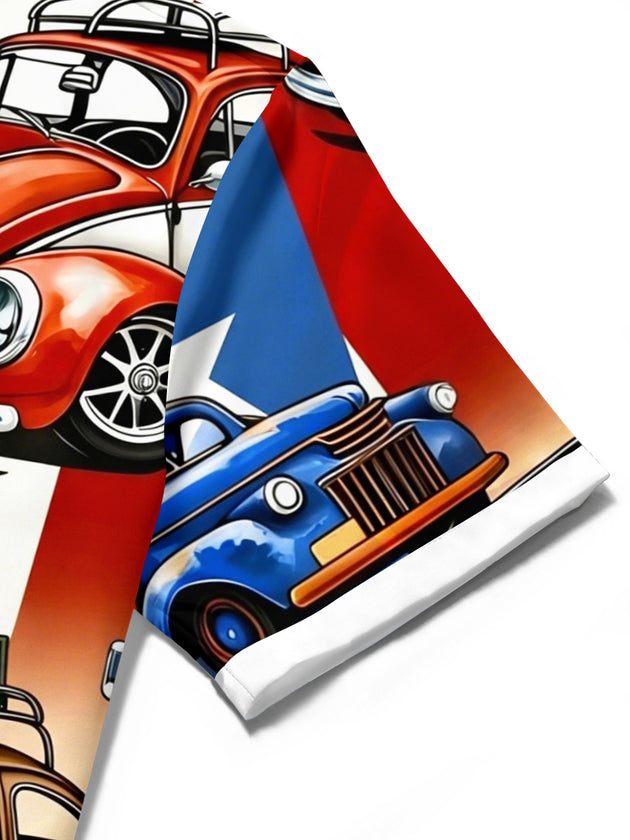 Men's American flag print pocket short sleeve shirt stitching detail close-up
