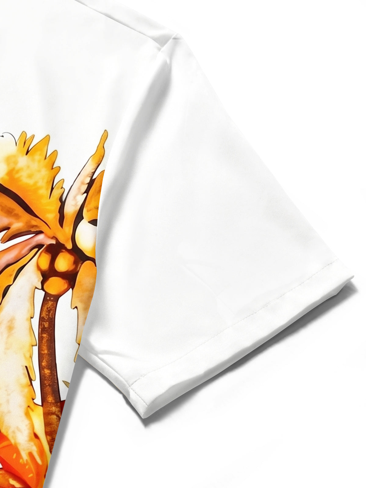 Men's multicolor Hawaiian beer barbecue print short sleeve shirt pocket stitching detail close-up