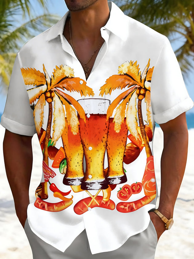 Men's Hawaiian Beer Barbecue Print Short Sleeve Shirt Front View for Tropical Beach Vacation