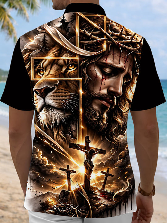 Men's cross lion print short sleeve pocket shirt back view