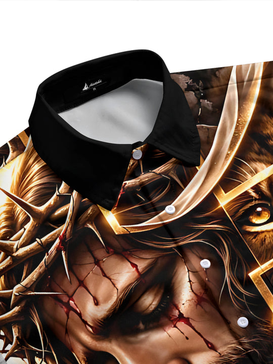 Men's short sleeve shirt with lion print and cross detail, side view