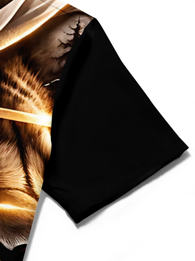 Men's Cross Lion Print Short Sleeve Shirt Close-Up Detail Shot