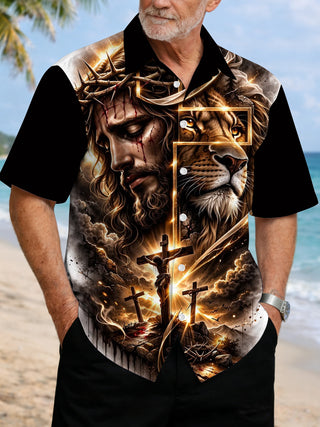 Men's Cross Lion Print Short Sleeve Shirt Front View