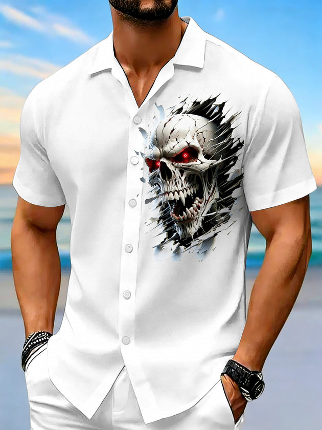 men's red skull print shirt front view