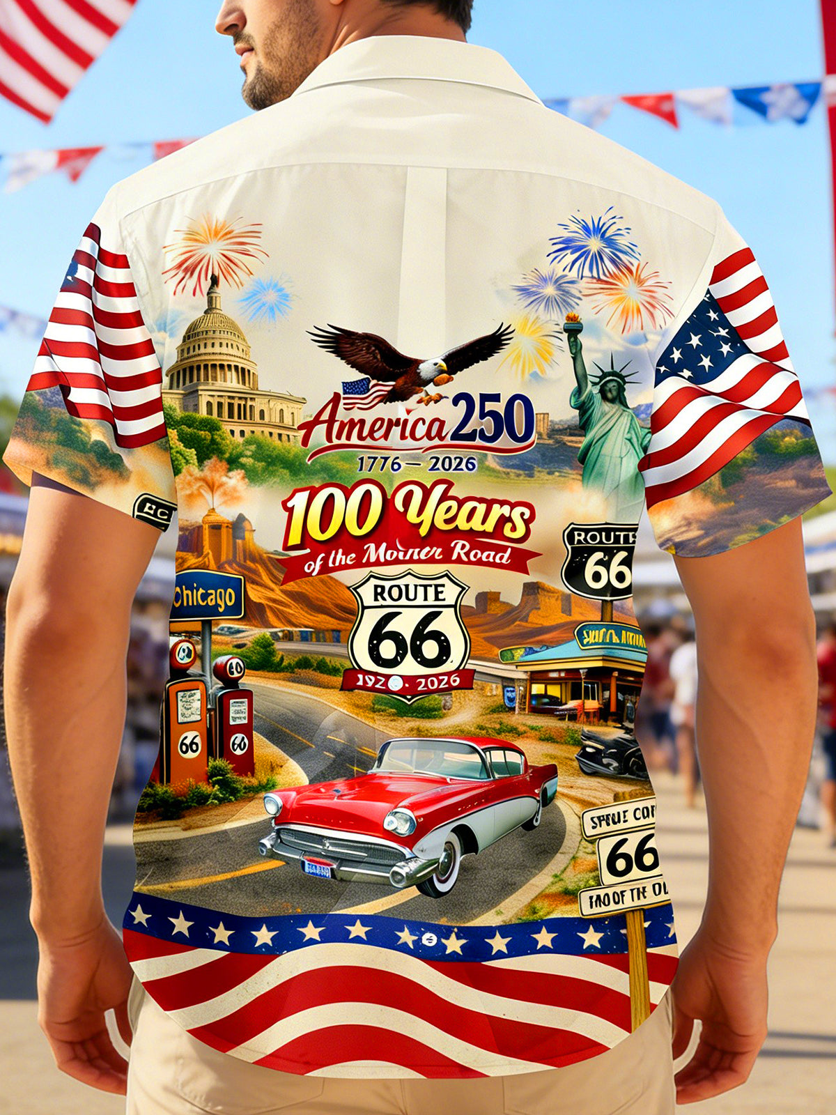 Men's America Route 66 USA 250th Anniversary pocket short sleeve shirt back view