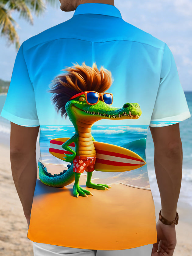 Men's Hawaiian surfing crocodile pocket short sleeve shirt back view